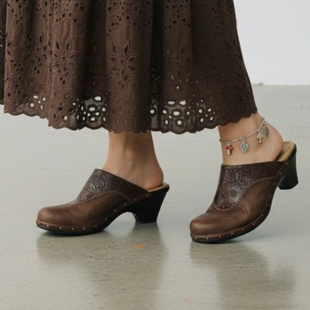 Sofft Brown Floral Embossed Leather Clog Mules